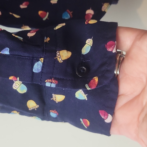 TALBOTS Blue with Multicolored Acorn Print Roll-Tab Sleeves Cotton Blouse - Picture 6 of 14